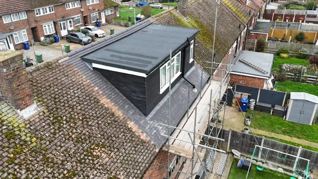 Dormer flat roof installation aerial view